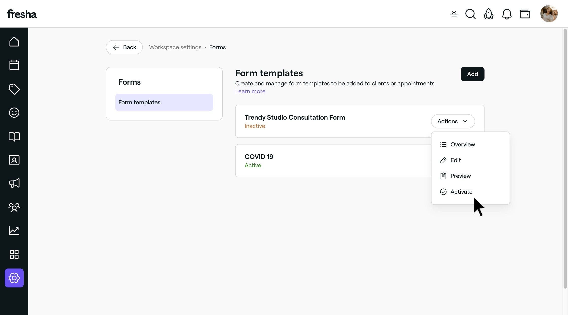 Activating a client form to be added to a client profile or appointment on Fresha.
