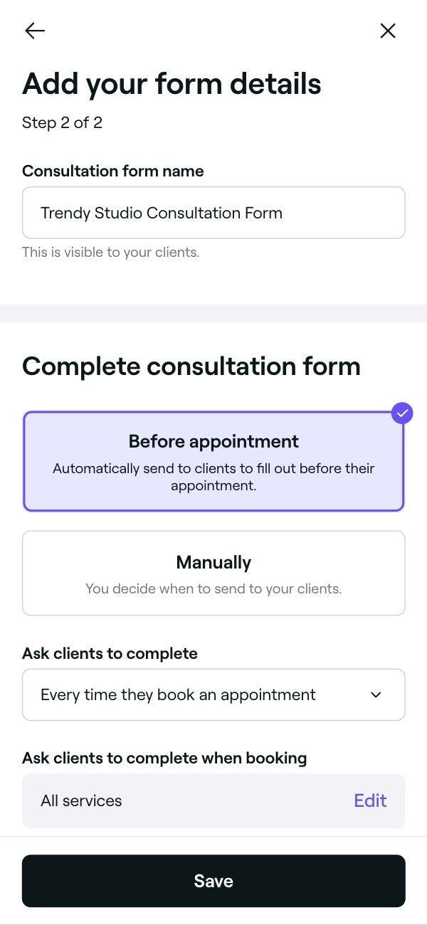 Creating a client consultation to be sent to clients to complete before an appointment on the Fresha app.
