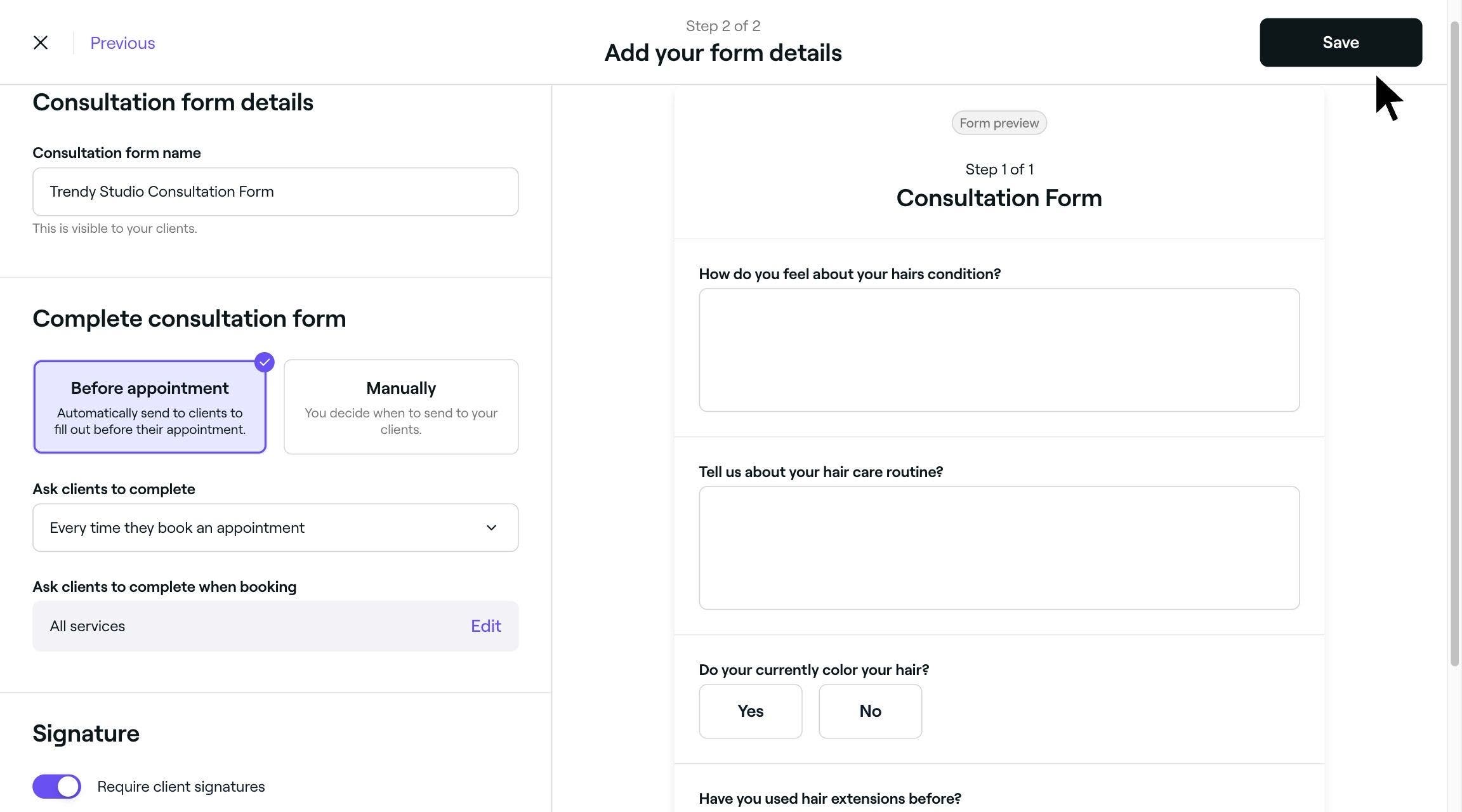 Creating a client consultation to be sent to clients to complete before an appointment on Fresha.