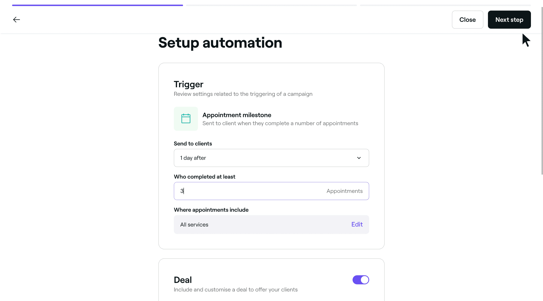 Create client milestone automated messages in your Automations tab.