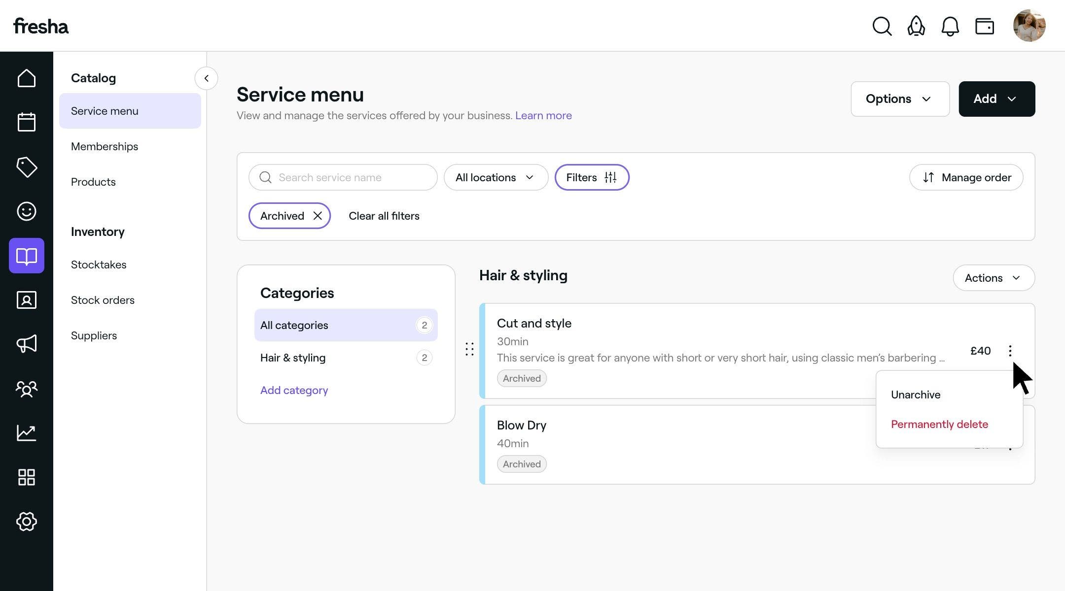 Archive services and packages in your Fresha Catalog