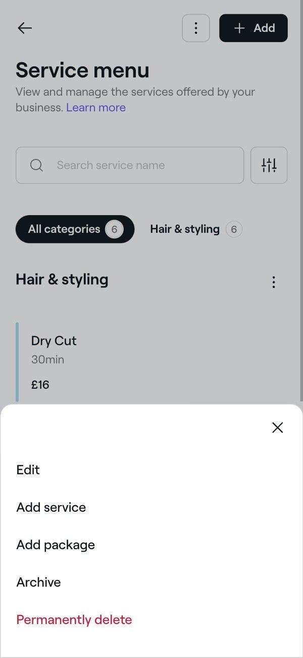 Making changes to a service category that is displayed in a service menu.