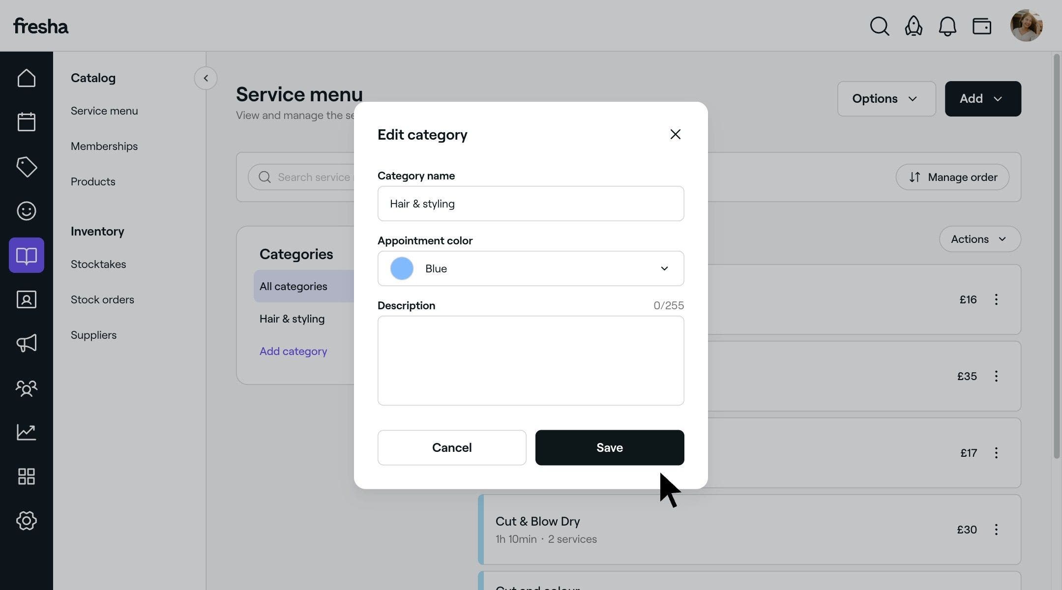 Making changes to a service category color that is displayed in a calendar.