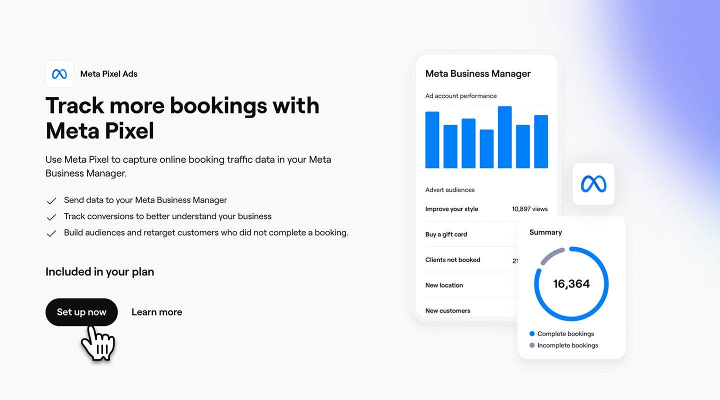 Meta Pixel Ads overview page with a "Set up now" button and a preview of the Meta Business Manager dashboard.