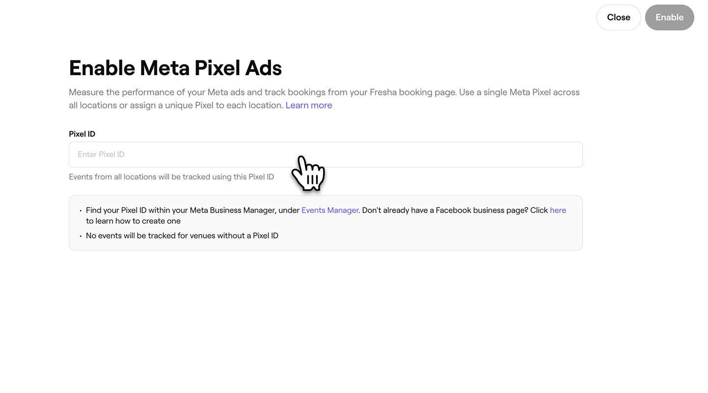 Enable Meta Pixel Ads screen showing the Pixel ID field and setup instructions.
