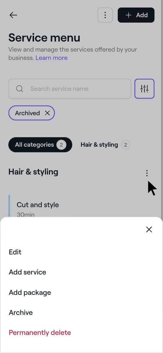 Unarchive services and packages in your Fresha Catalog