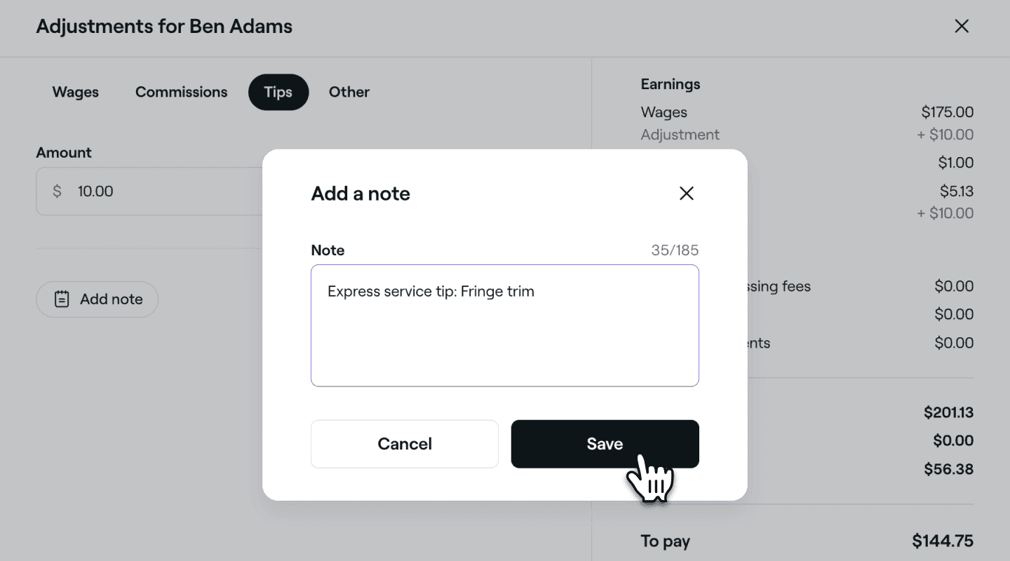 Pay runs note adjustment Fresha.png