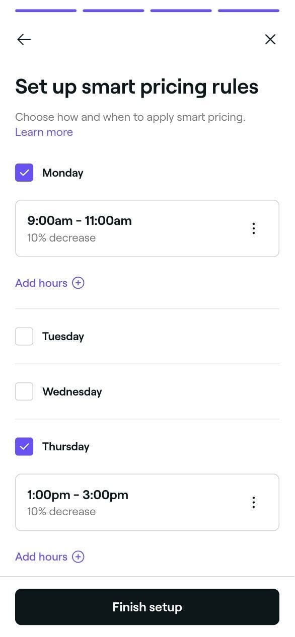 Setting up smart pricing rules for the days that it apply in Fresha on a mobile.