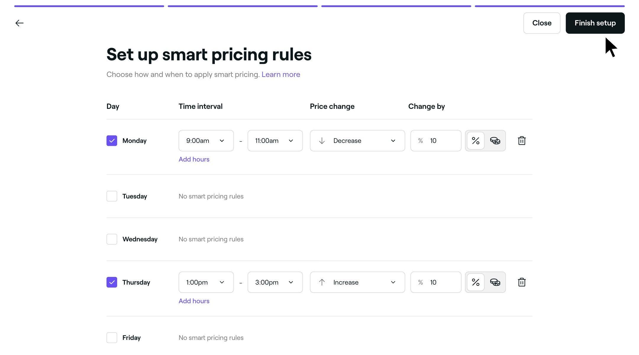 Setting up smart pricing rules for the days that it apply in Fresha on a desktop.