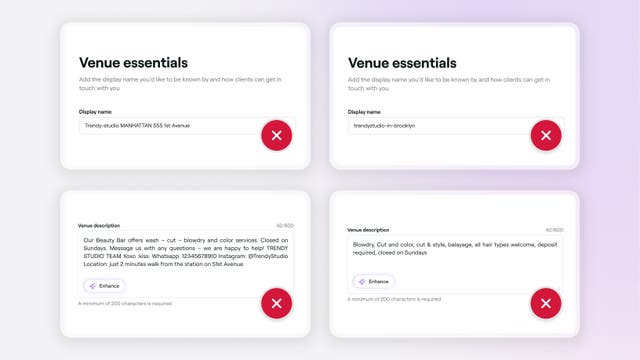 Common mistakes to avoid for Fresha Marketplace venue photos.