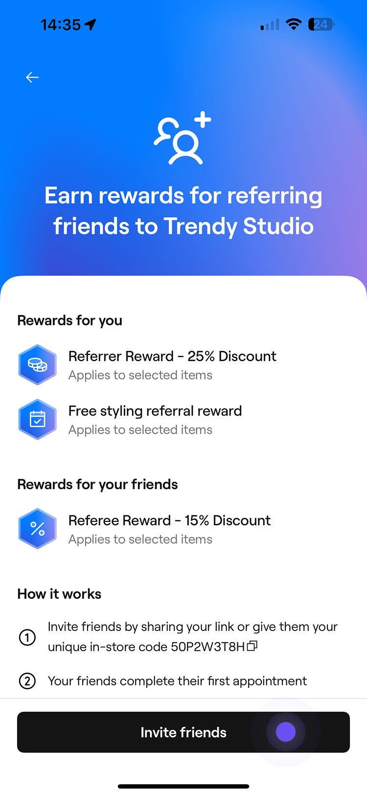 Referral screen showing rewards for referrers and friends with steps on how to invite using a code.