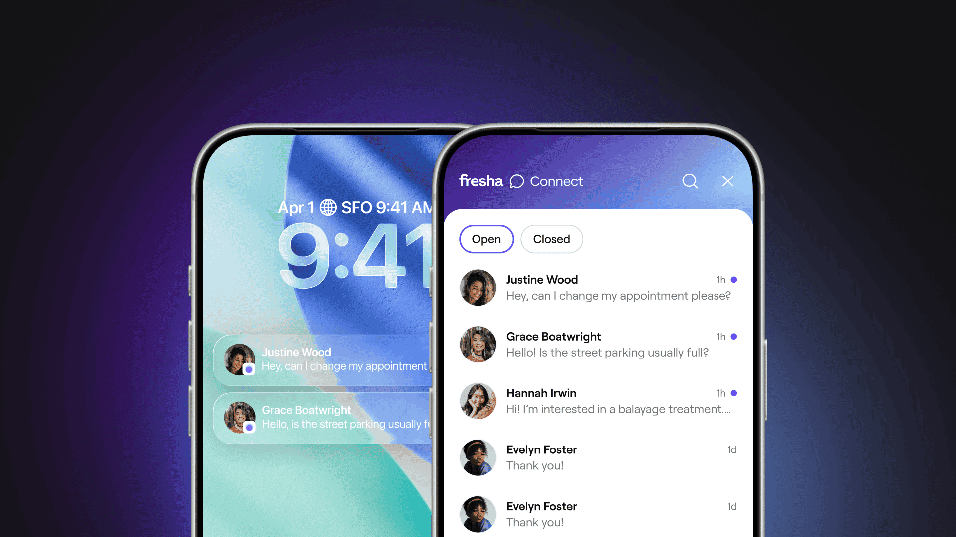 Fresha Connect app showing customer messages and appointment enquiries on two smartphone screens.