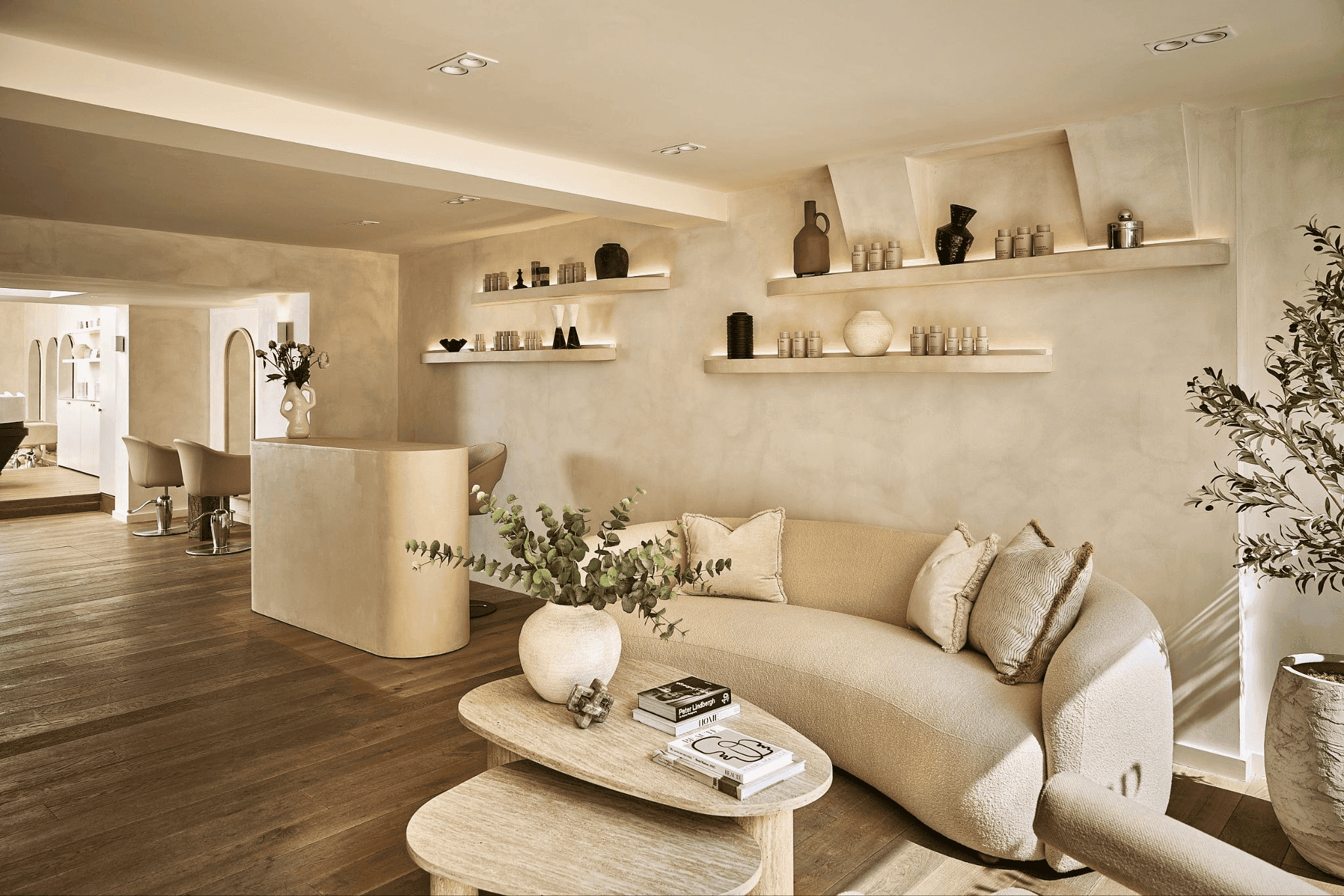neutral salon with summer decor
