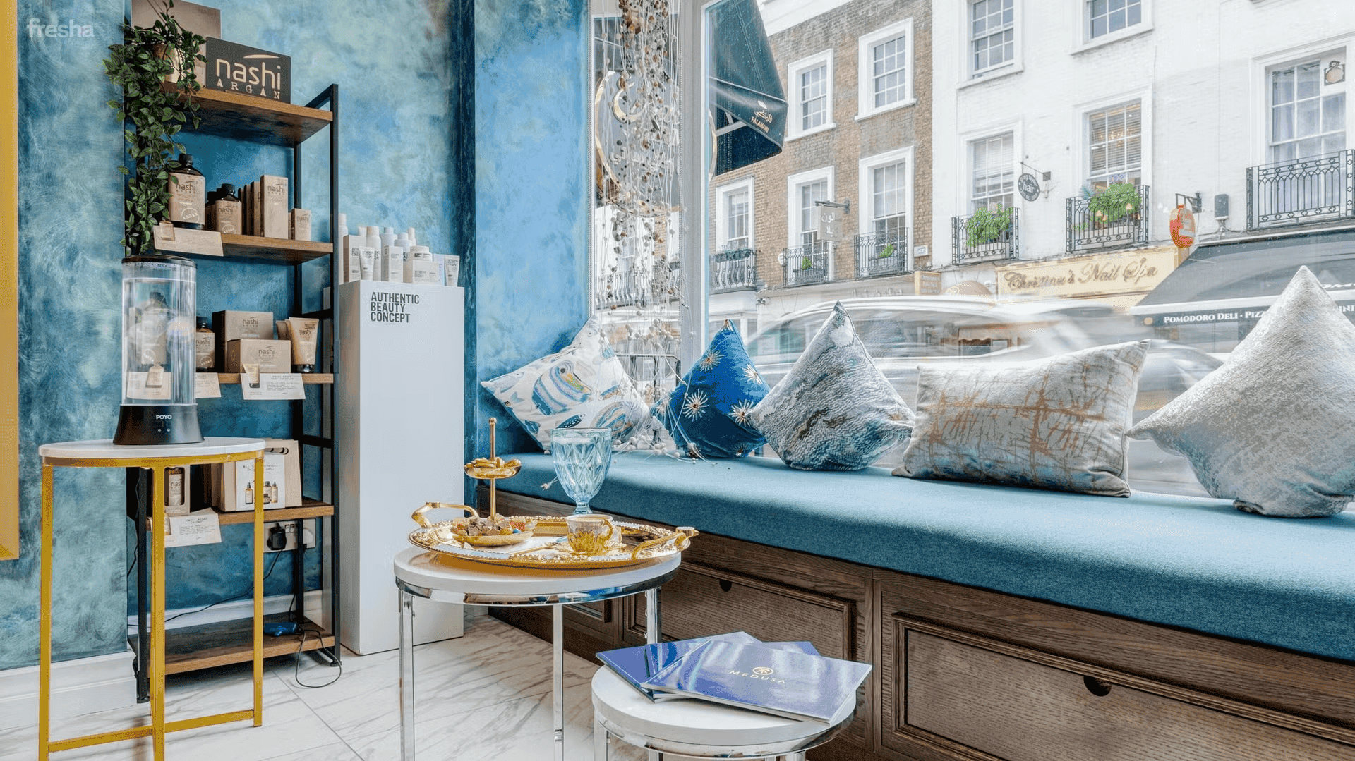salon in london with blue bench