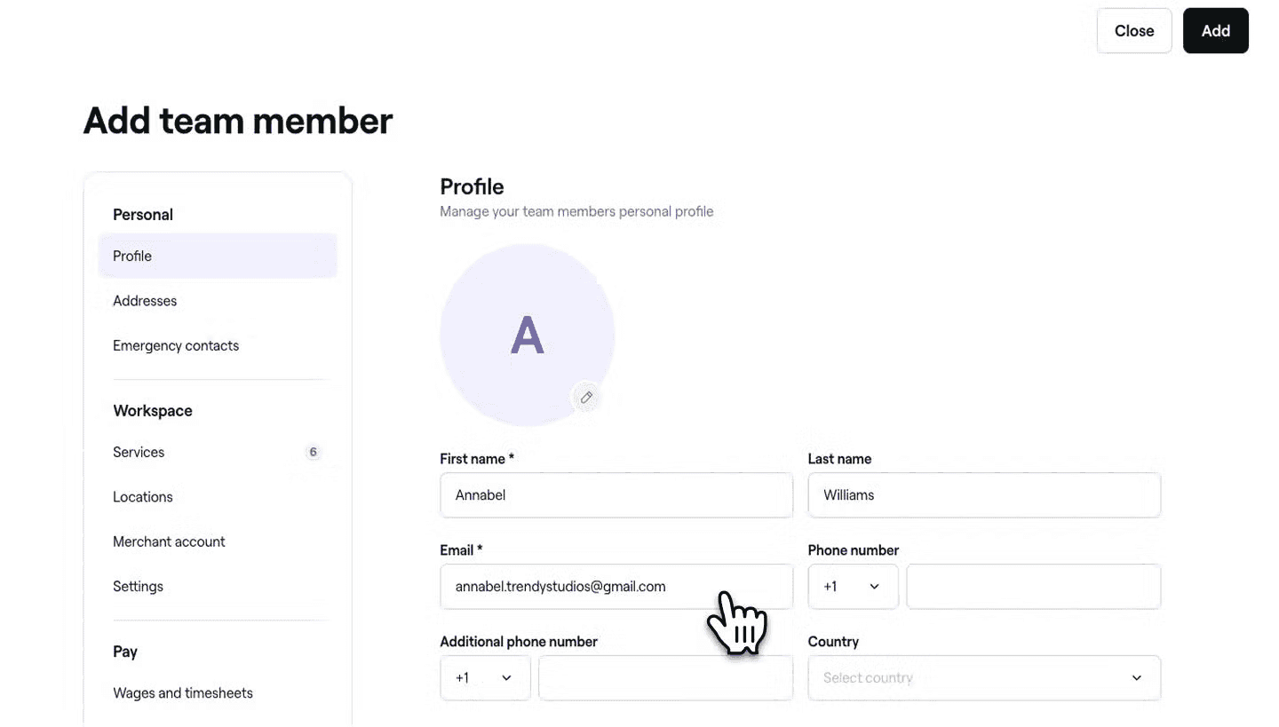 user interface of fresha team member management
