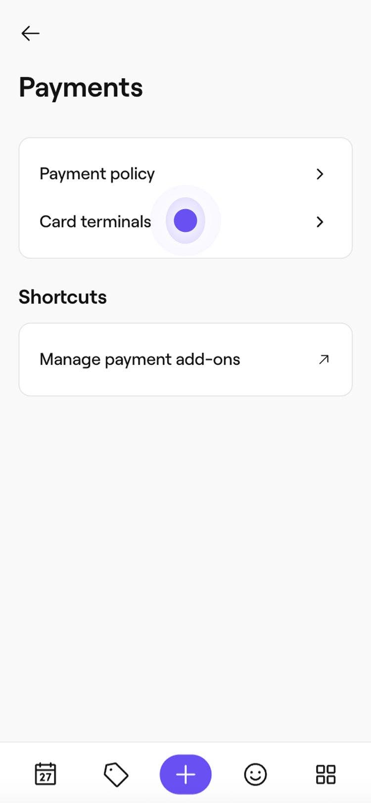 Payments screen with options for Payment policy and Card terminals settings
