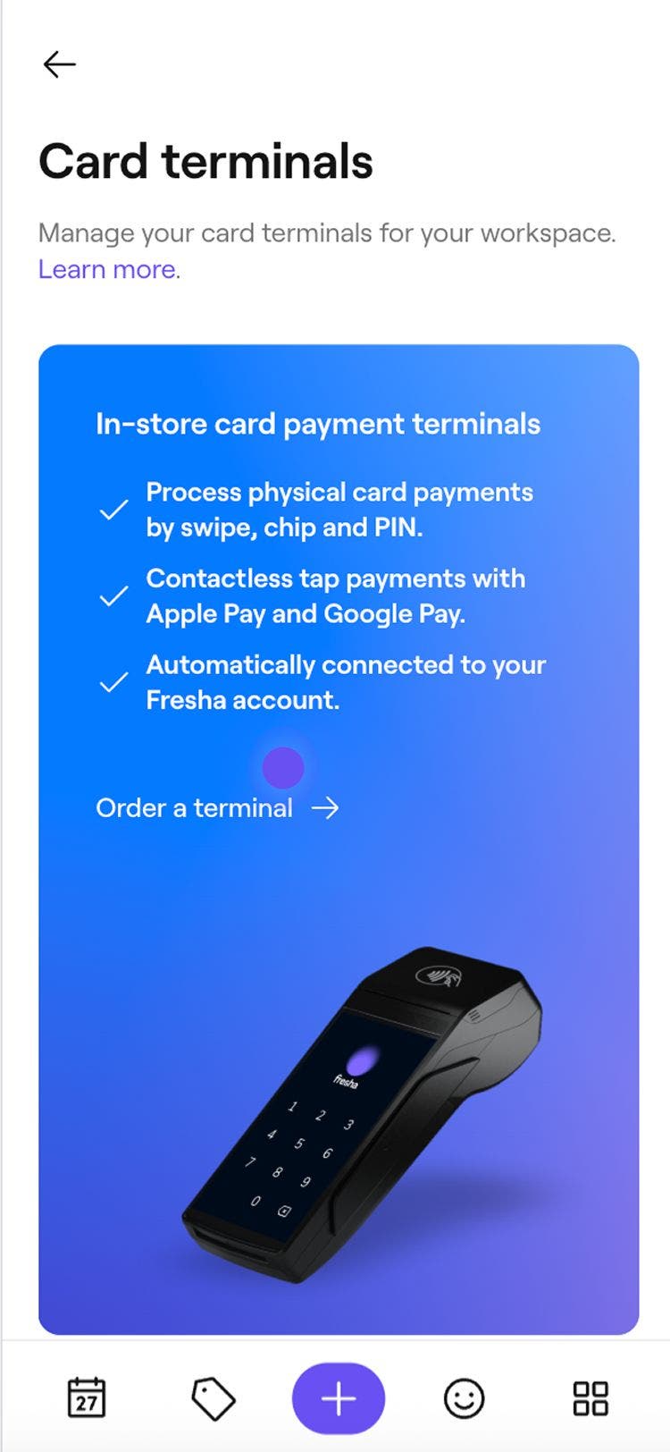 Card terminals screen showing terminal features and the Order a terminal button.