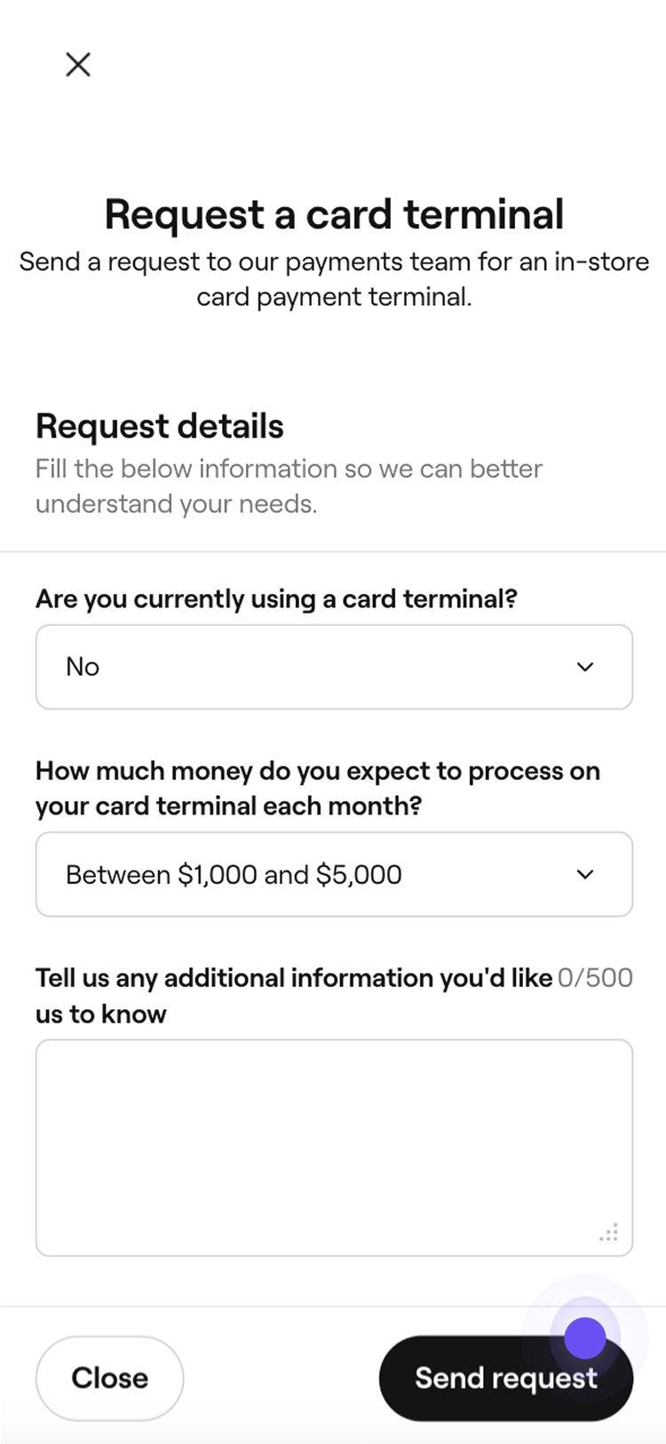 Request a card terminal form with input fields and Send request button.