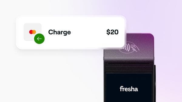 A manual charge collected using a Fresha card terminal.