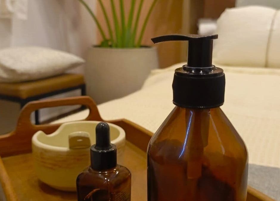 Spa essentials on a tray at Spa Spacio, Medellín, Antioquia, CO, highlighting a tranquil wellness ambiance.