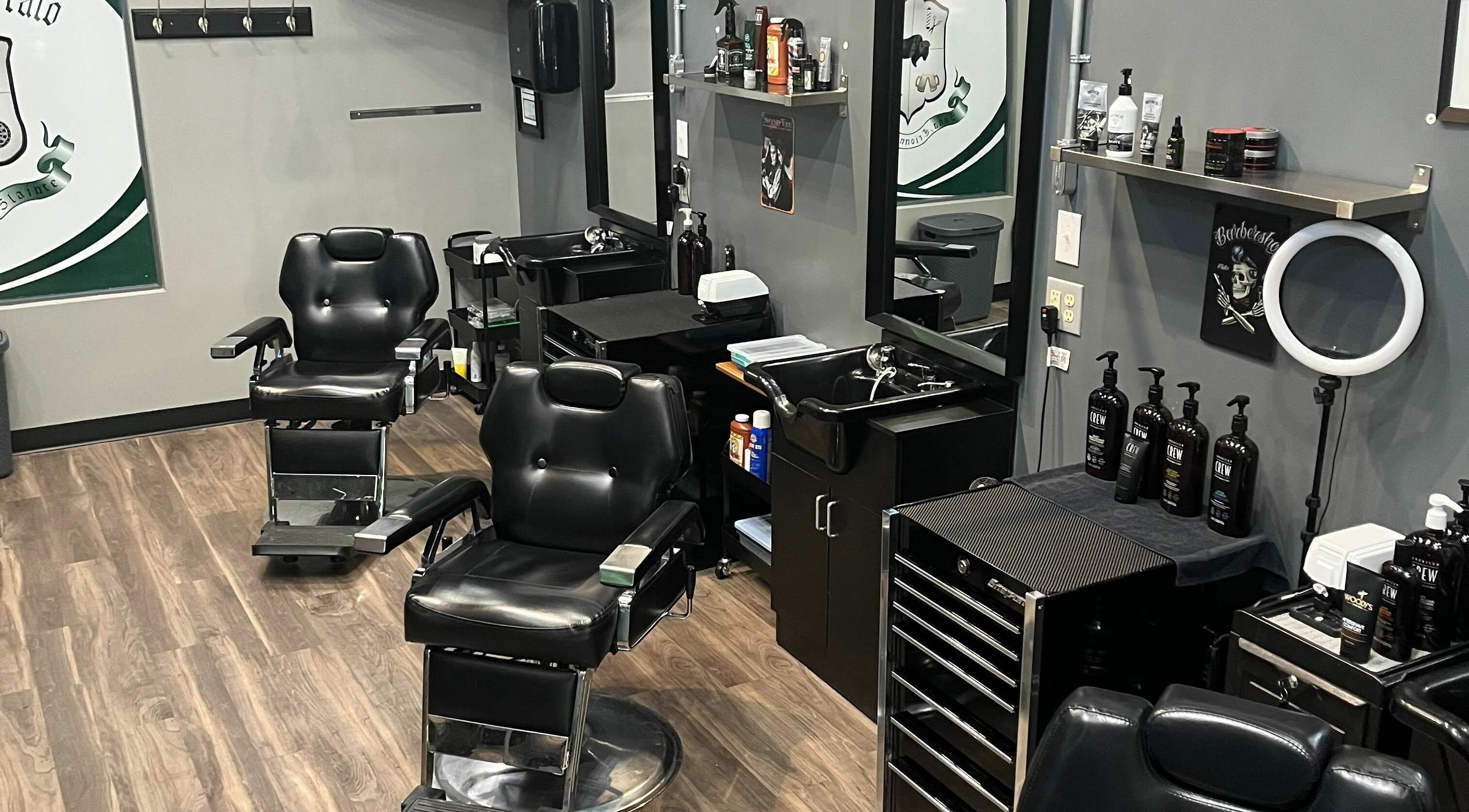 Stylish barber chairs at Shears and Beers, The Kilted Buffalo - Birkdale, Huntersville, North Carolina, US.