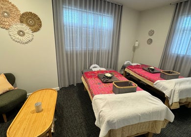 Calm therapy room at Soothe & Soul. Waiuku Thai Massage Therapy, Auckland, Auckland, NZ, with two massage beds.