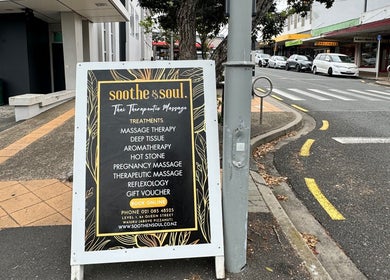 Sign for Soothe & Soul. Waiuku Thai Massage Therapy in Auckland, NZ, displaying treatment options.