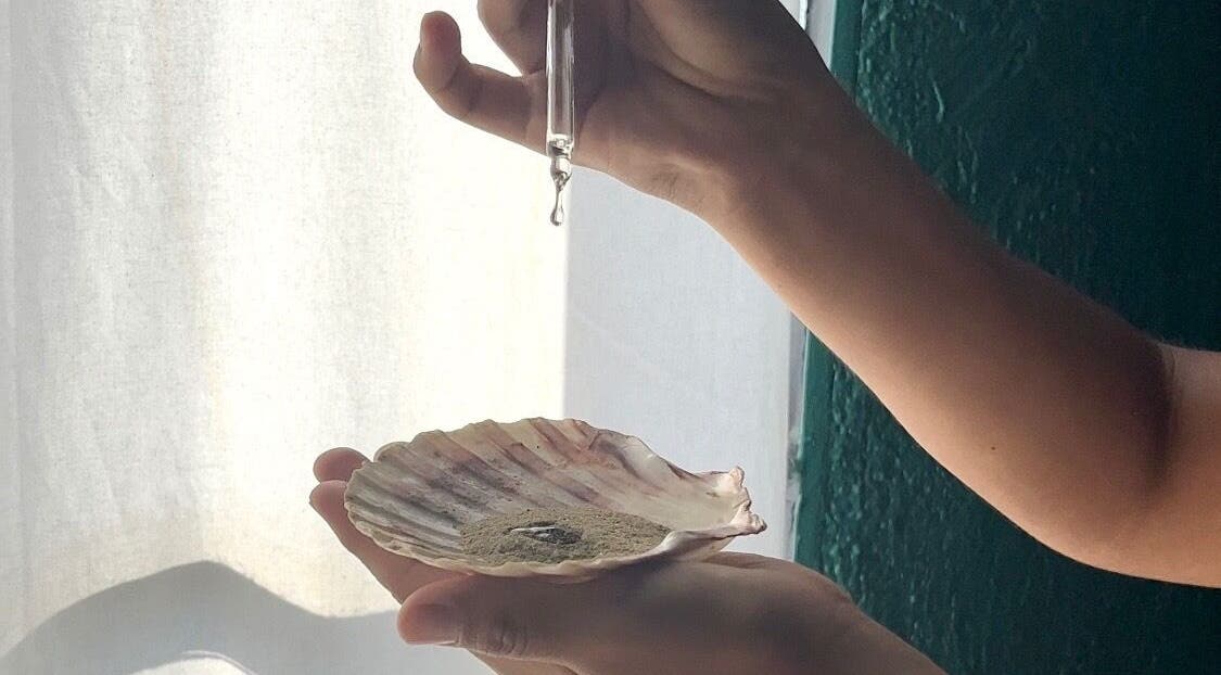 Manos sosteniendo concha en East Therapy, Barcelona, Catalunya, ES, mostrando esencia goteando.