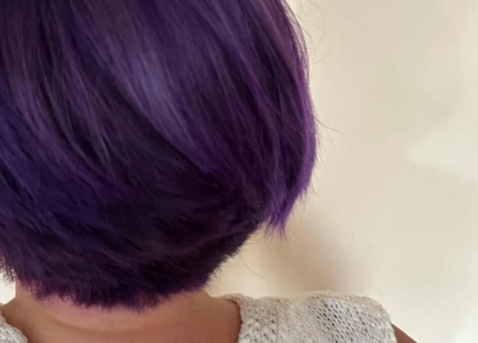 Purple bob hairstyle at Violets, Callander, Scotland, GB. A chic, vibrant hair transformation.