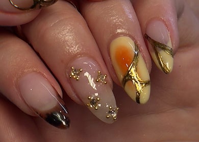 Intricate gold nail design at Chill Nails Sydney, Bonnyrigg, New South Wales, AU.