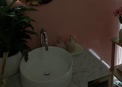 Elegant sink area at Chill Nails Sydney in Miranda, New South Wales, AU, featuring plants and pink decor.