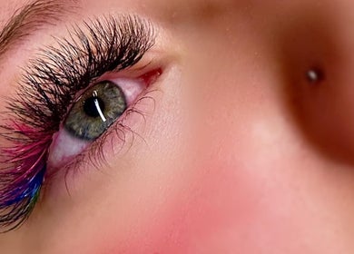 Close-up of colorful eyelash extensions at The Beauty Collective, Kintore, Scotland, GB.
