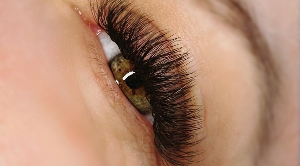 Close-up of elegant eyelash extensions at The Beauty Collective in Kintore, Scotland, GB.