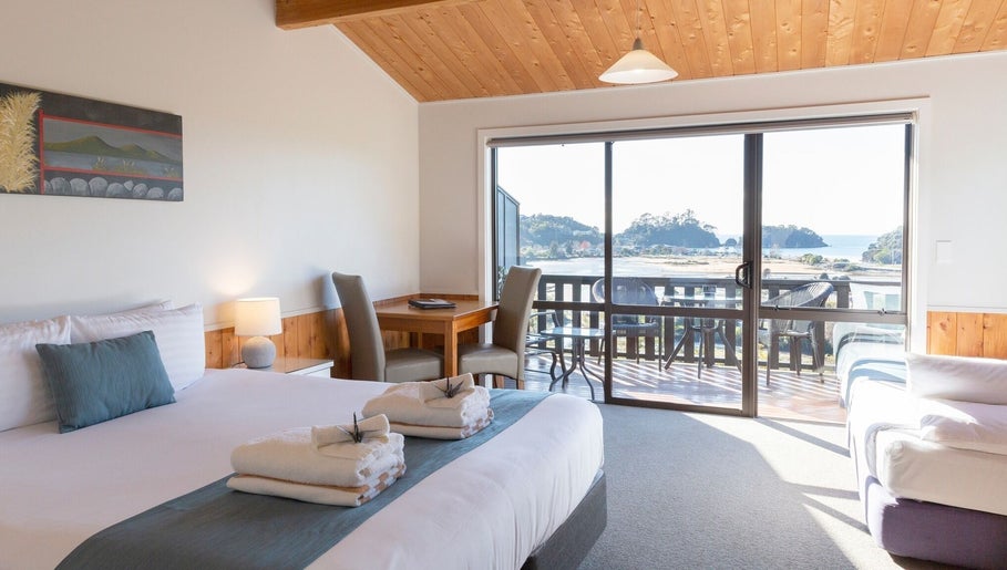 Spacious room with ocean view at Kimi Ora Day Spa, Kaiteriteri, Tasman, NZ.