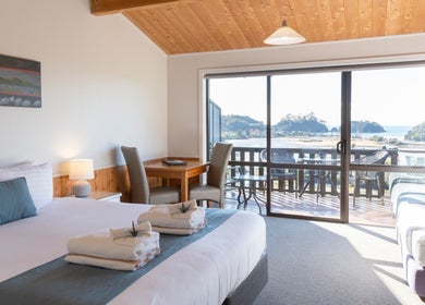 Spacious room with ocean view at Kimi Ora Day Spa, Kaiteriteri, Tasman, NZ.