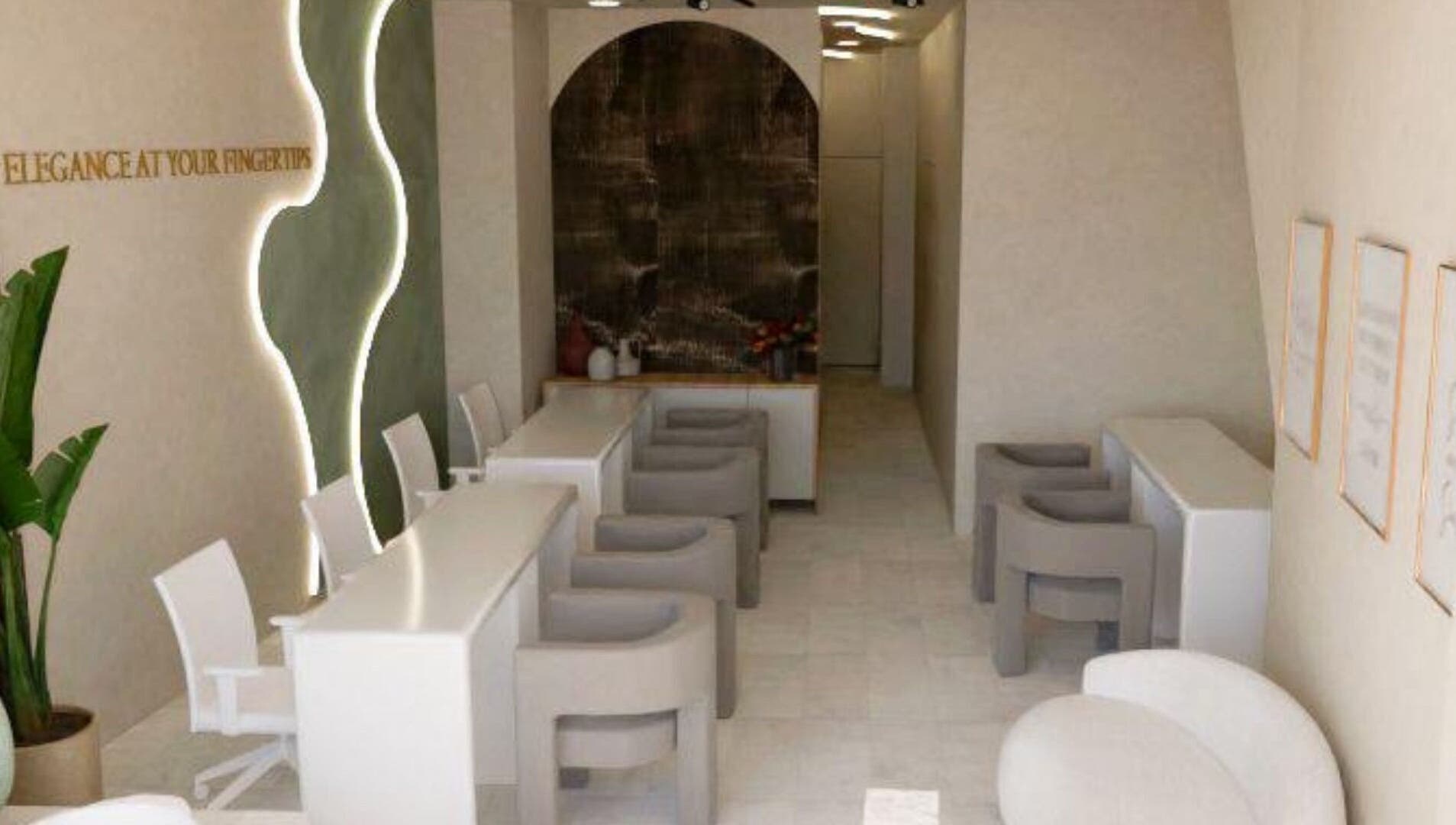 Elegant interior of Biab Nails Balham in London, England, GB, showcasing modern seating and decor.