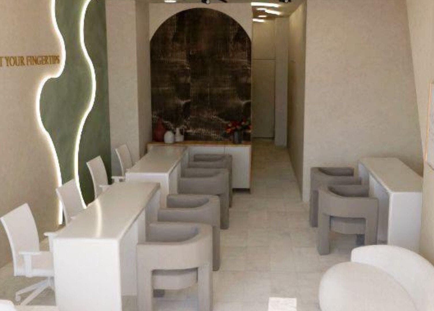 Elegant interior of Biab Nails Balham in London, England, GB, showcasing modern seating and decor.