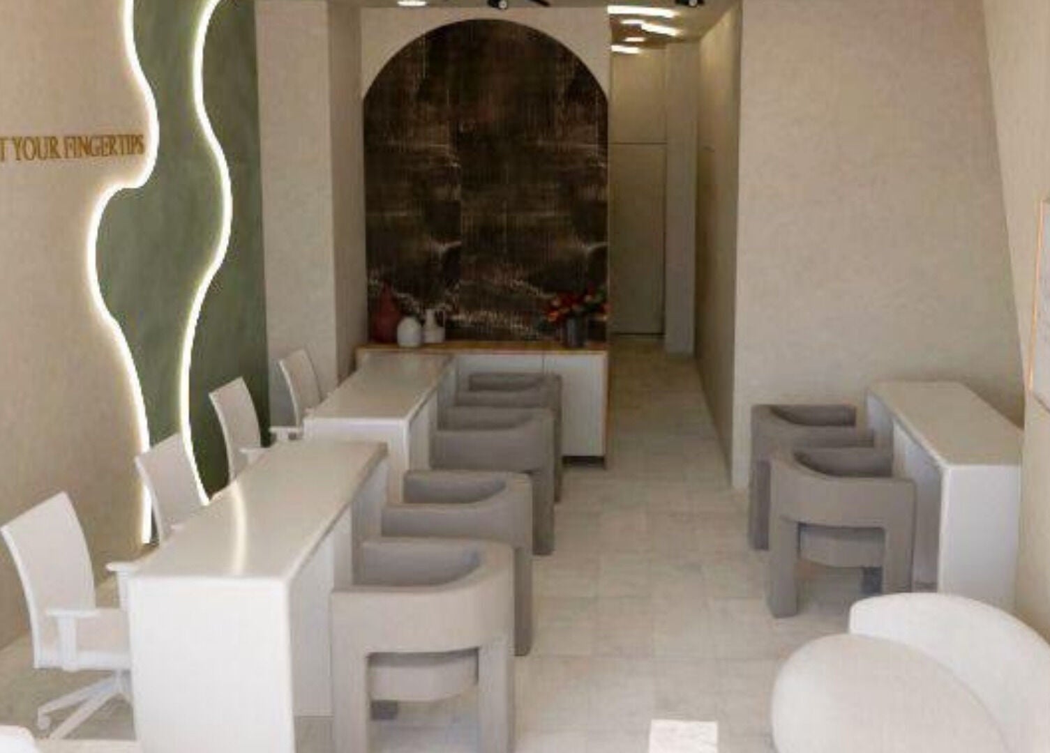 Elegant interior of Biab Nails Balham in London, England, GB, showcasing modern seating and decor.