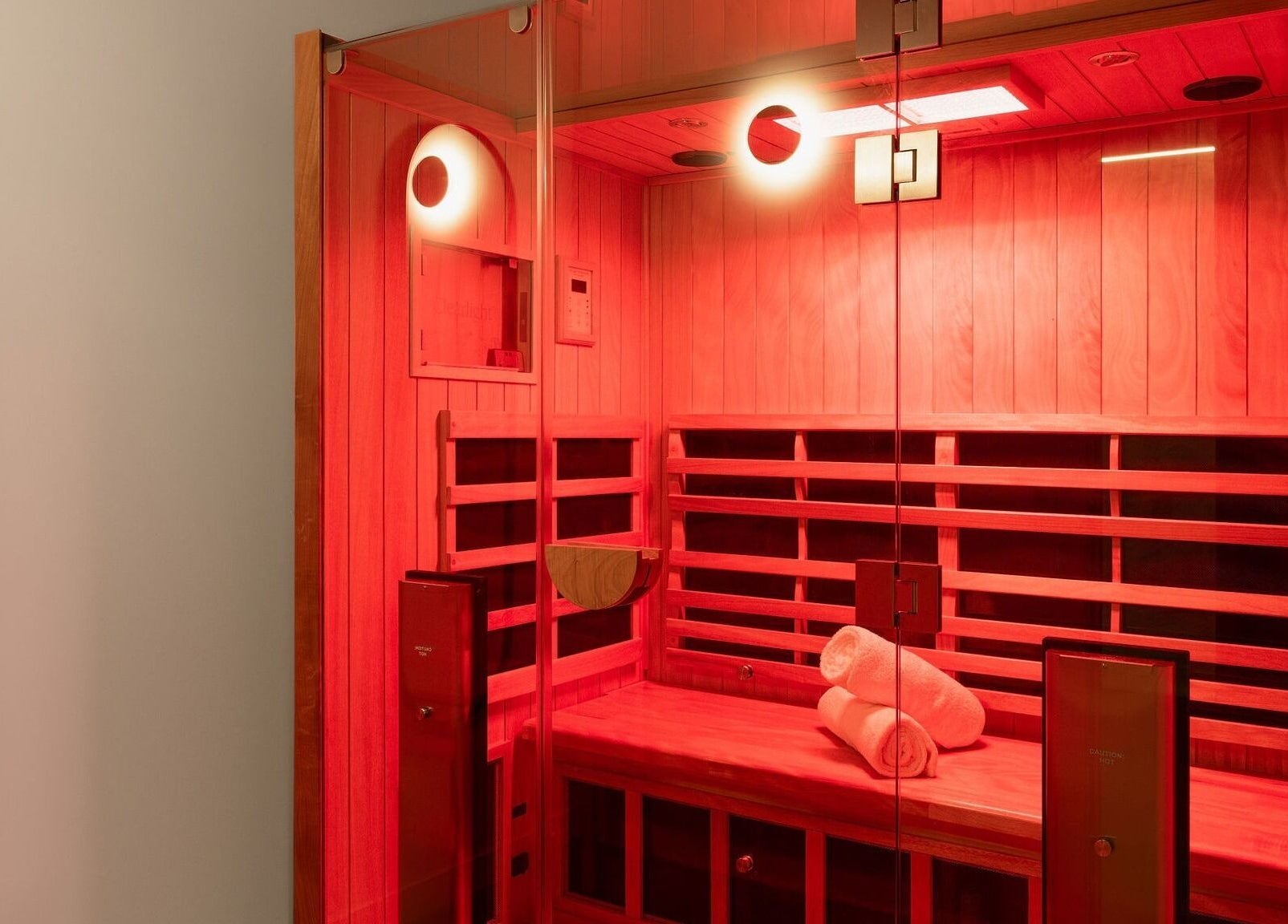 Infrared sauna with warm lights at Recovery Room Sippy Downs, Sippy Downs, Queensland, AU. Relaxing atmosphere.