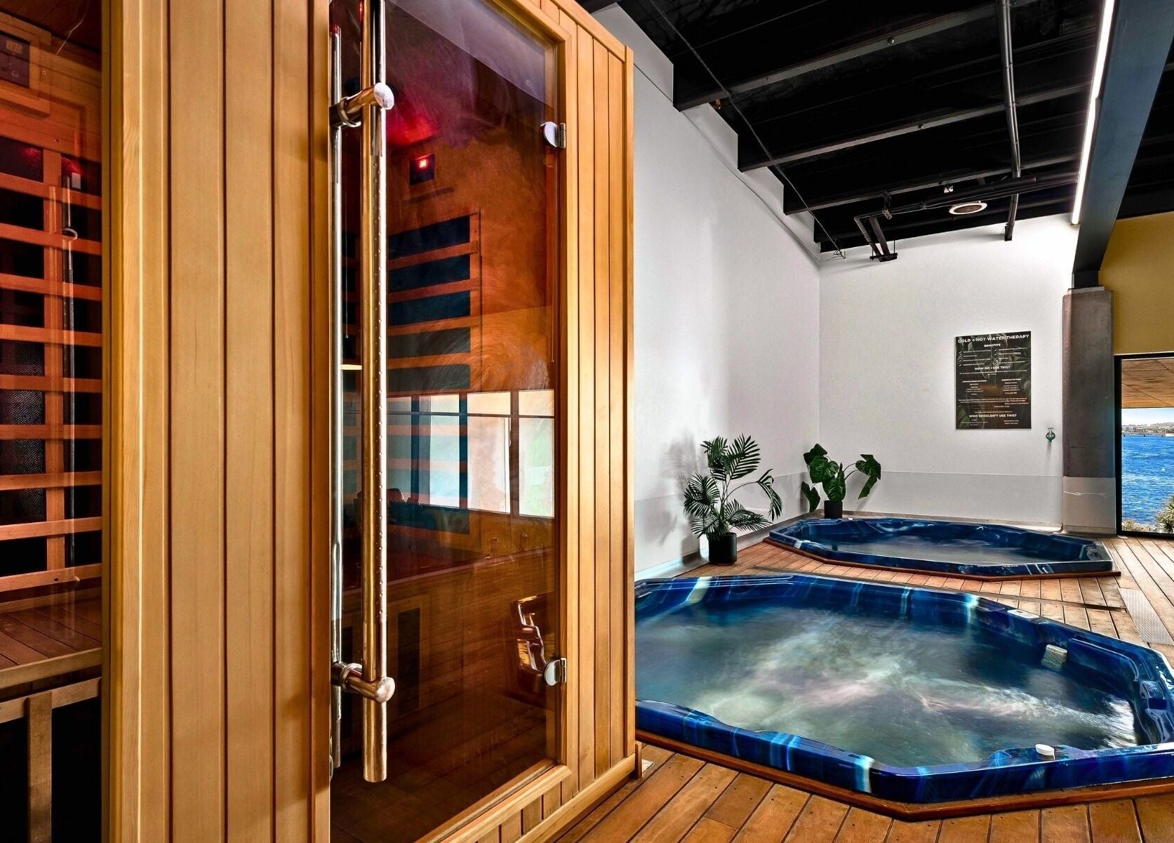 Luxurious sauna and spa at Recovery Room Kawana Waters, Bokarina, Queensland, AU with ocean view.