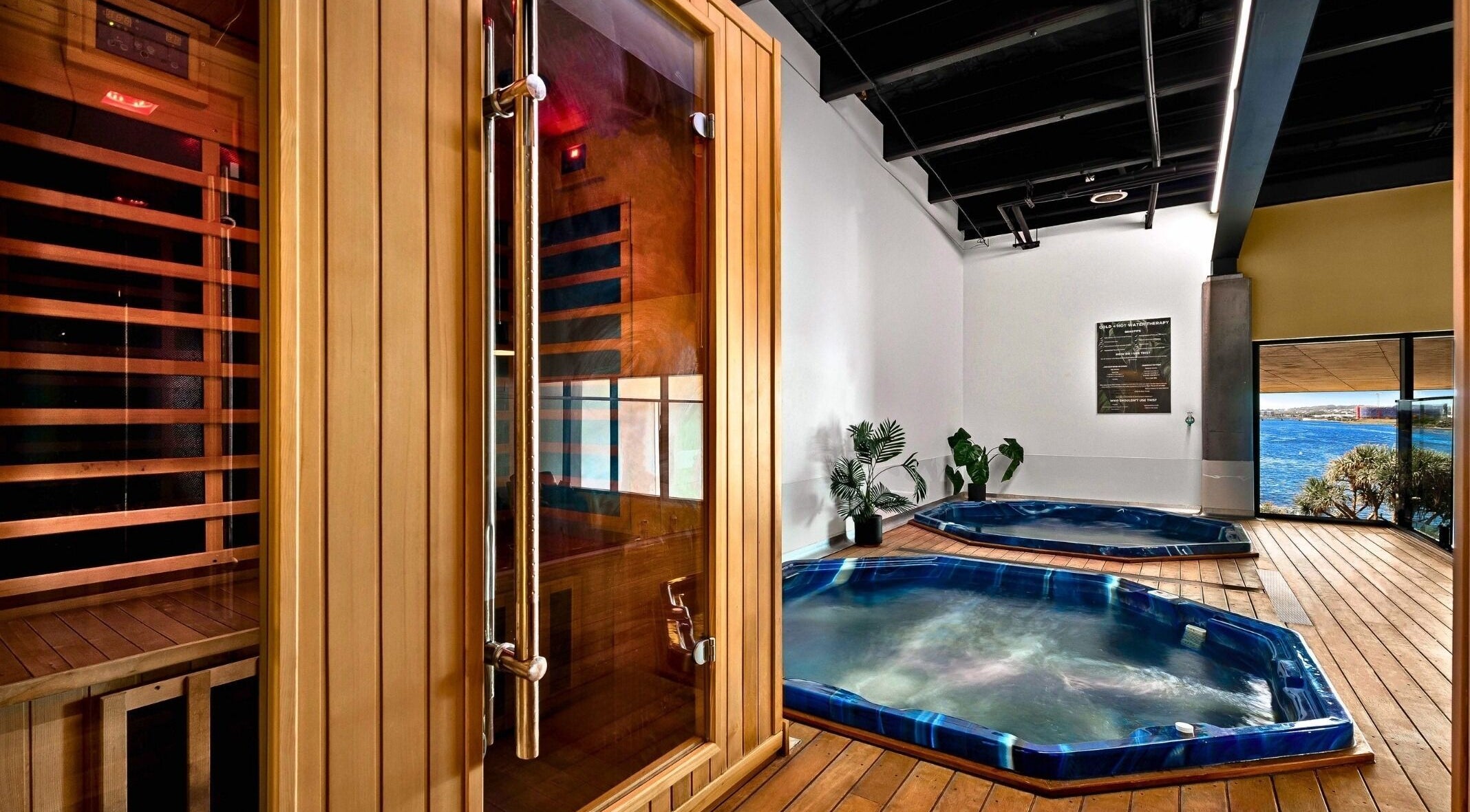 Luxurious sauna and spa at Recovery Room Kawana Waters, Bokarina, Queensland, AU with ocean view.