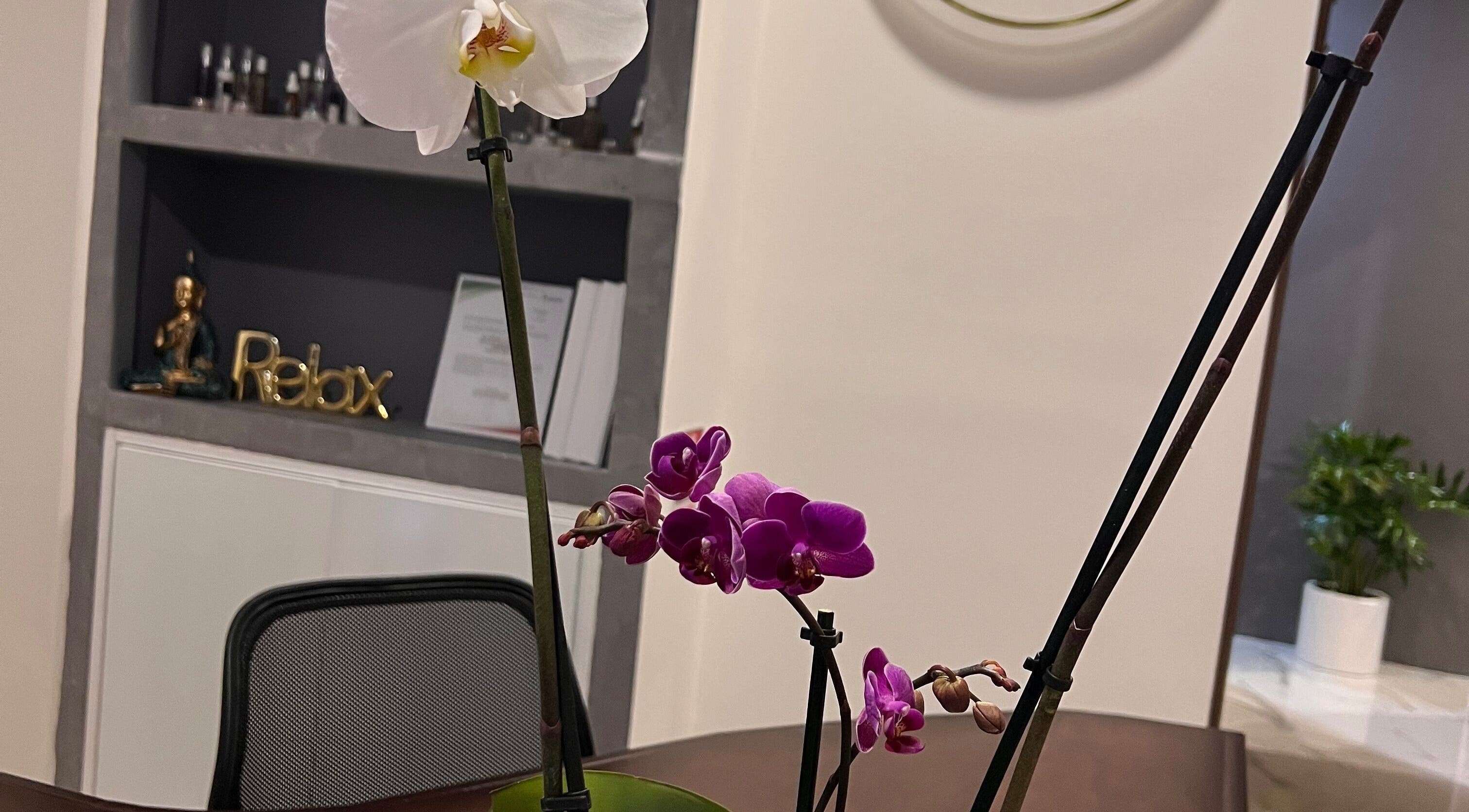 Orquídea en oficina de Liriospa, Pachuca De Soto, Hidalgo, MX, creando un ambiente armonioso.