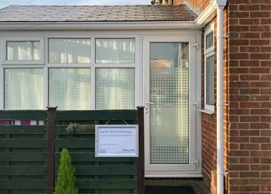Entrance to Sarah Sharp Massage in Copmanthorpe, England featuring a serene and welcoming setting.
