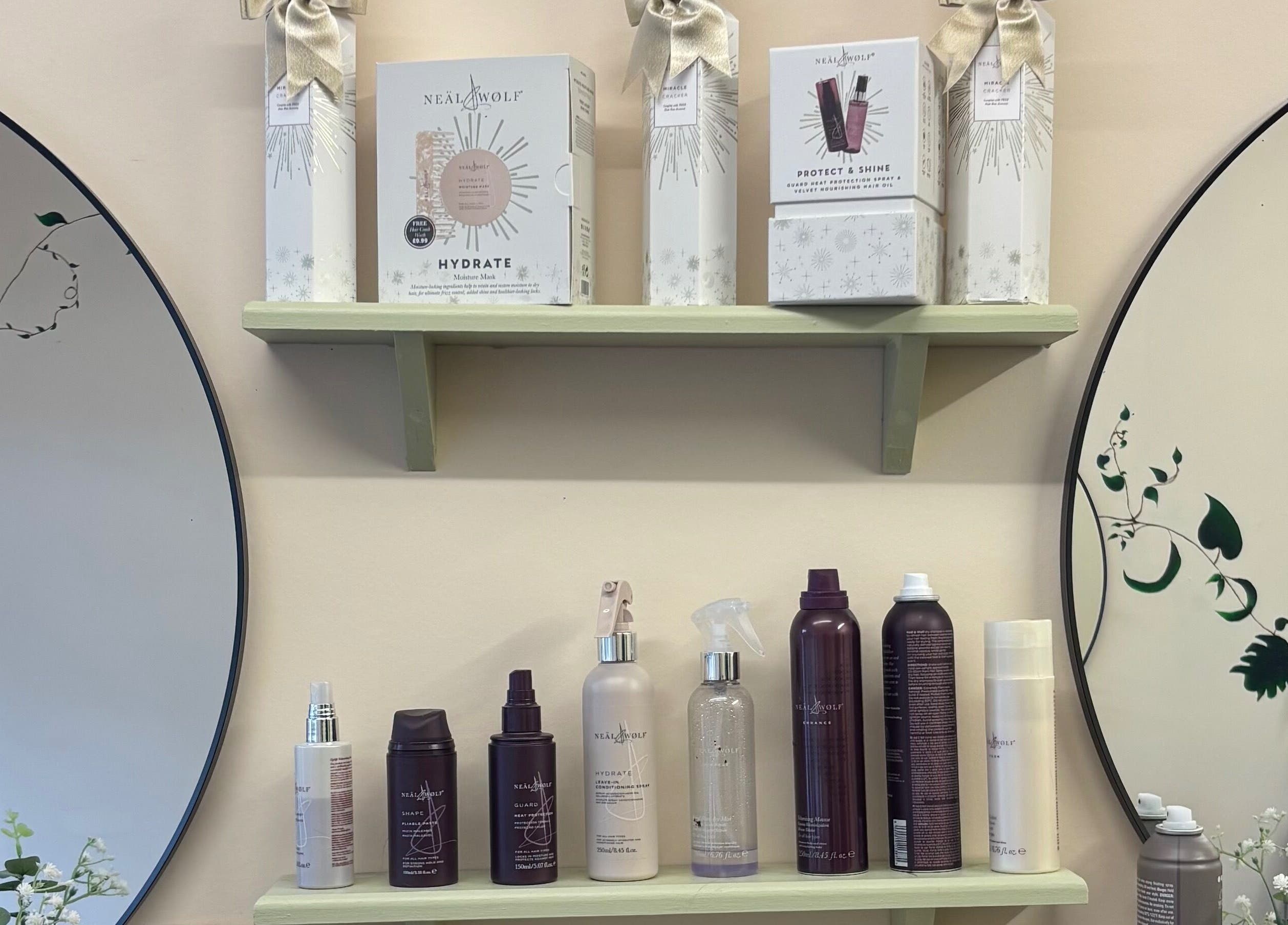 Stylish product display at Niamh Elizabeth Hairdressing, Preston, England, GB, showcasing premium hair care.
