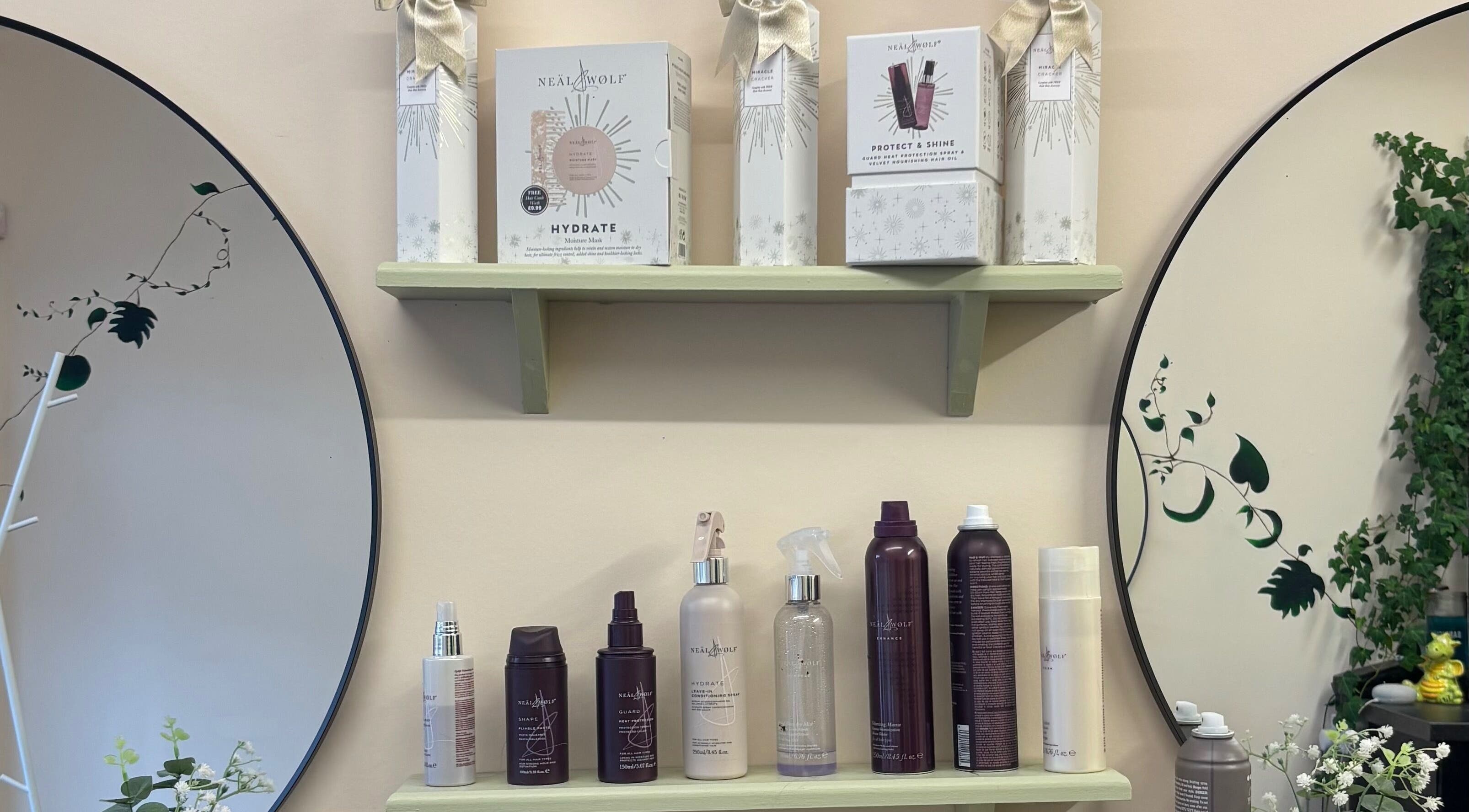 Stylish product display at Niamh Elizabeth Hairdressing, Preston, England, GB, showcasing premium hair care.