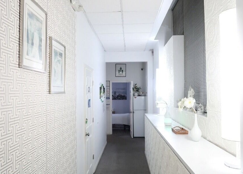 Elegant hallway at Mongolian MassageLAB Skokie, featuring modern décor in Skokie, Illinois, US.