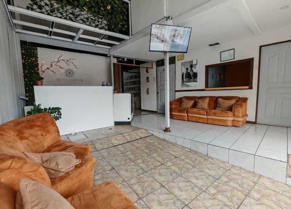 Acogedora recepción en Estetica Sunflower, Aserri, San José, CR, con cómodos sofás y decoración moderna.
