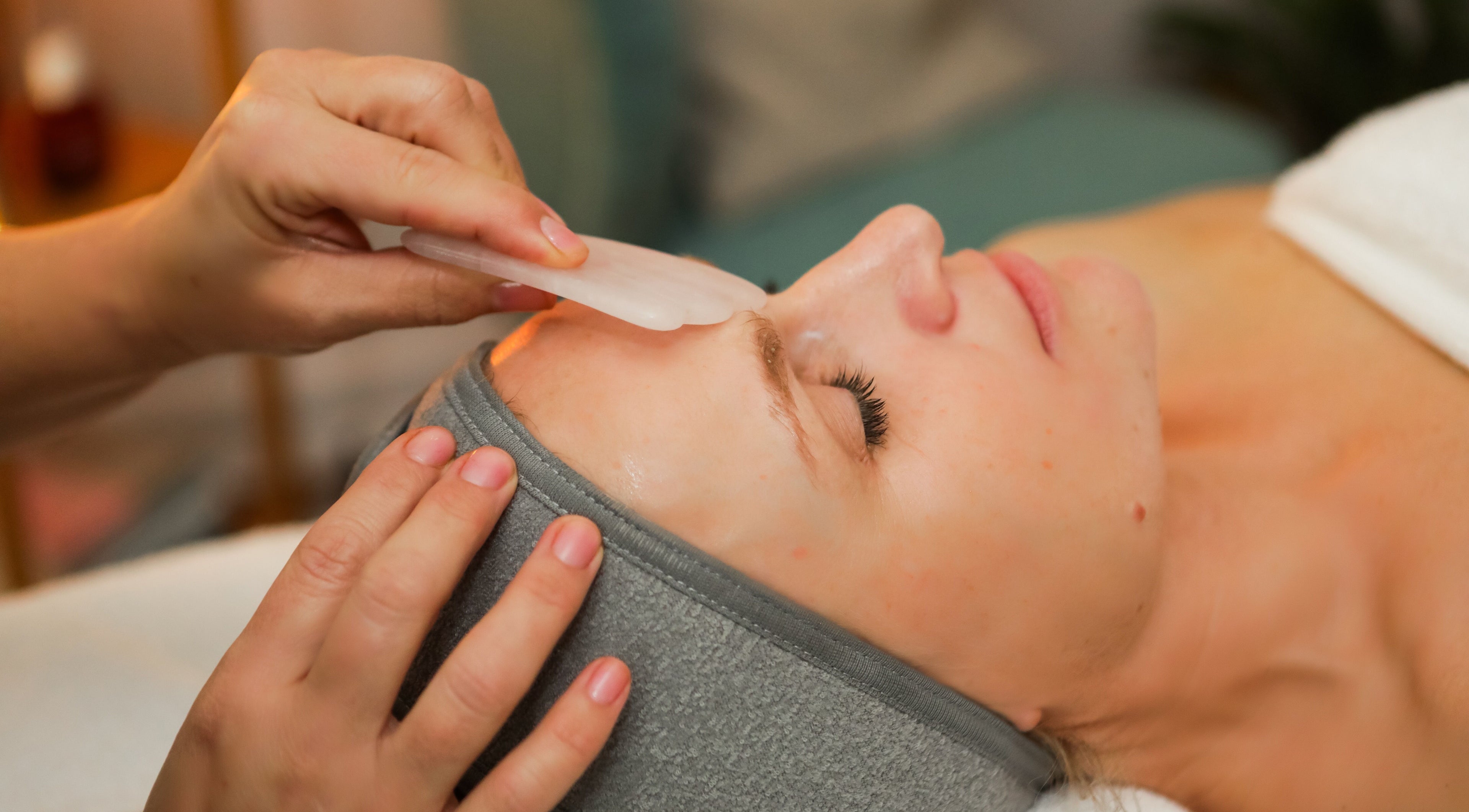 A rejuvenating Gua Sha facial at Jill at No.3 in Hale Barns, England, GB, promoting wellness and relaxation.