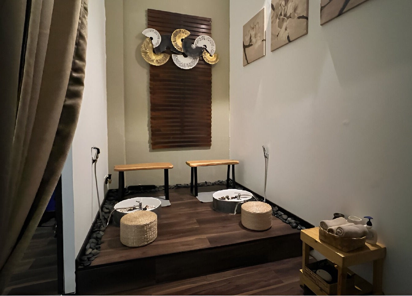 Relaxing pedicure area at SK Men Spa (Shah Alam), Shah Alam, Selangor, MY with wooden decor and cozy seating.