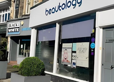 Entrance of Beautology Clinic, Tyre, South Governorate, LB, showcasing modern exterior.
